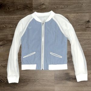 XS Greylin blue and white lacey bomber jacket